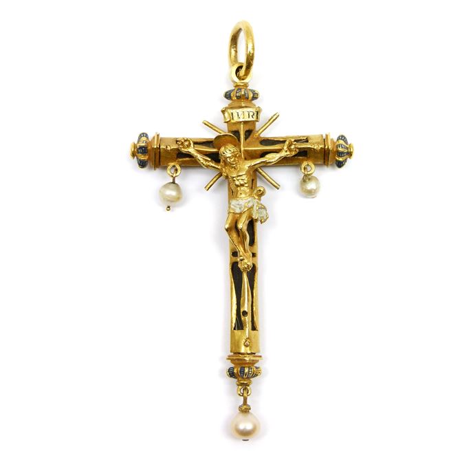17th century enamelled gold, pearl and wood reliquary Crucifix pendant | MasterArt